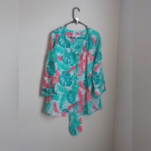 Coral Bay Blouse Women L Turquoise, White & Coral Top Vacation Resort Cruise Y2K